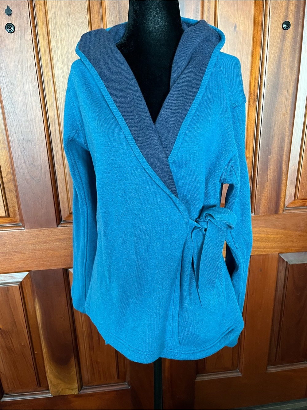 Title Nine Wrap It Up Merino Wool Hoodie Womens M Teal Wrap Sweater Jacket Tie